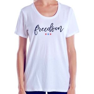 🆕 Authentically American Women’s White FREEDOM Patriotic Tee Shirt